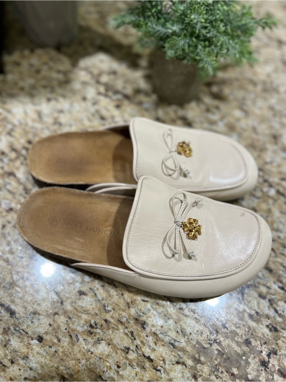 Tory Burch Brie Cream Leather Slip-On Mules with Gold Double T Charm 10M
